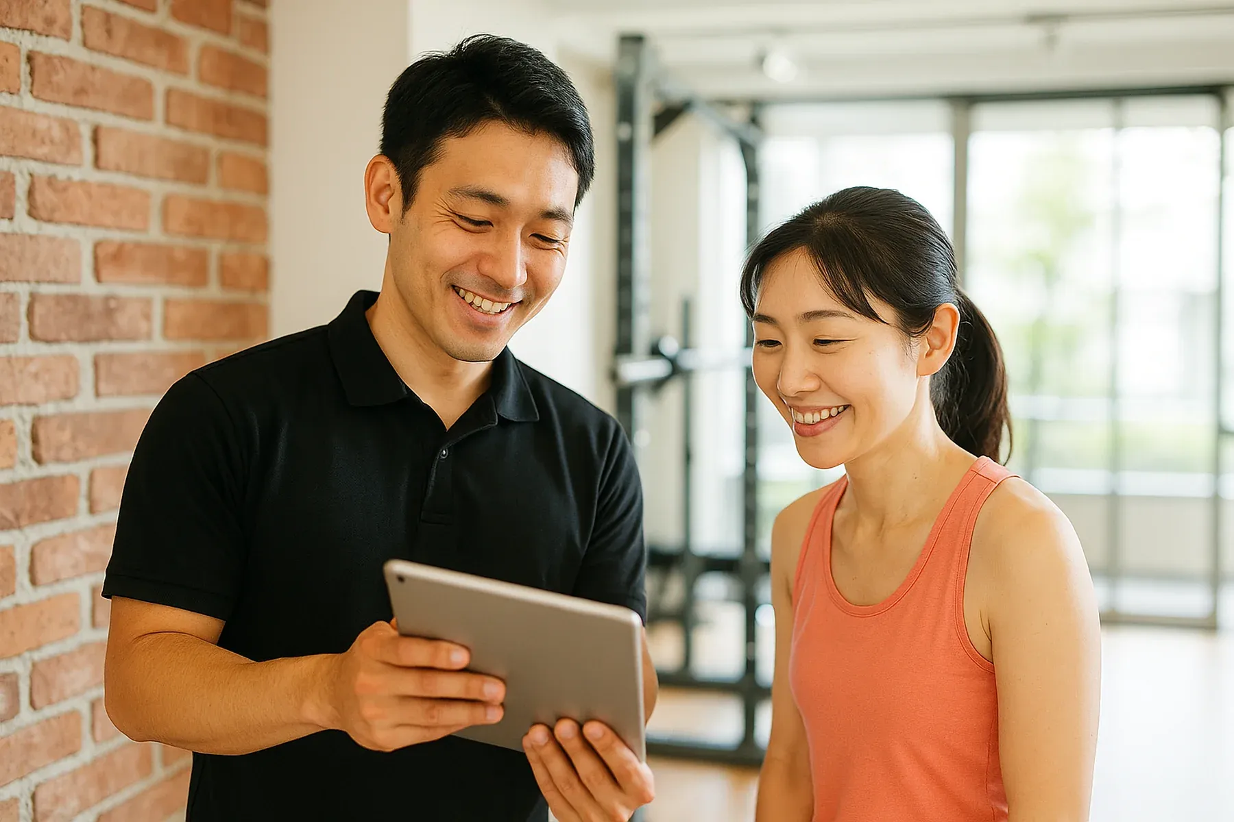 トレーナーがタブレットで分析結果を見せながら、お客様と話している