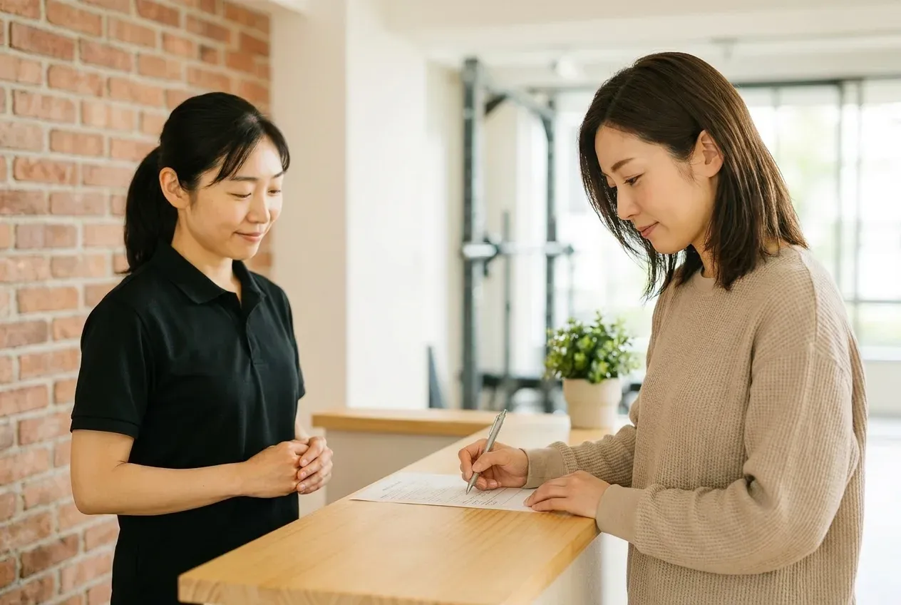 ジムの受付で、退会の手続きをする会員