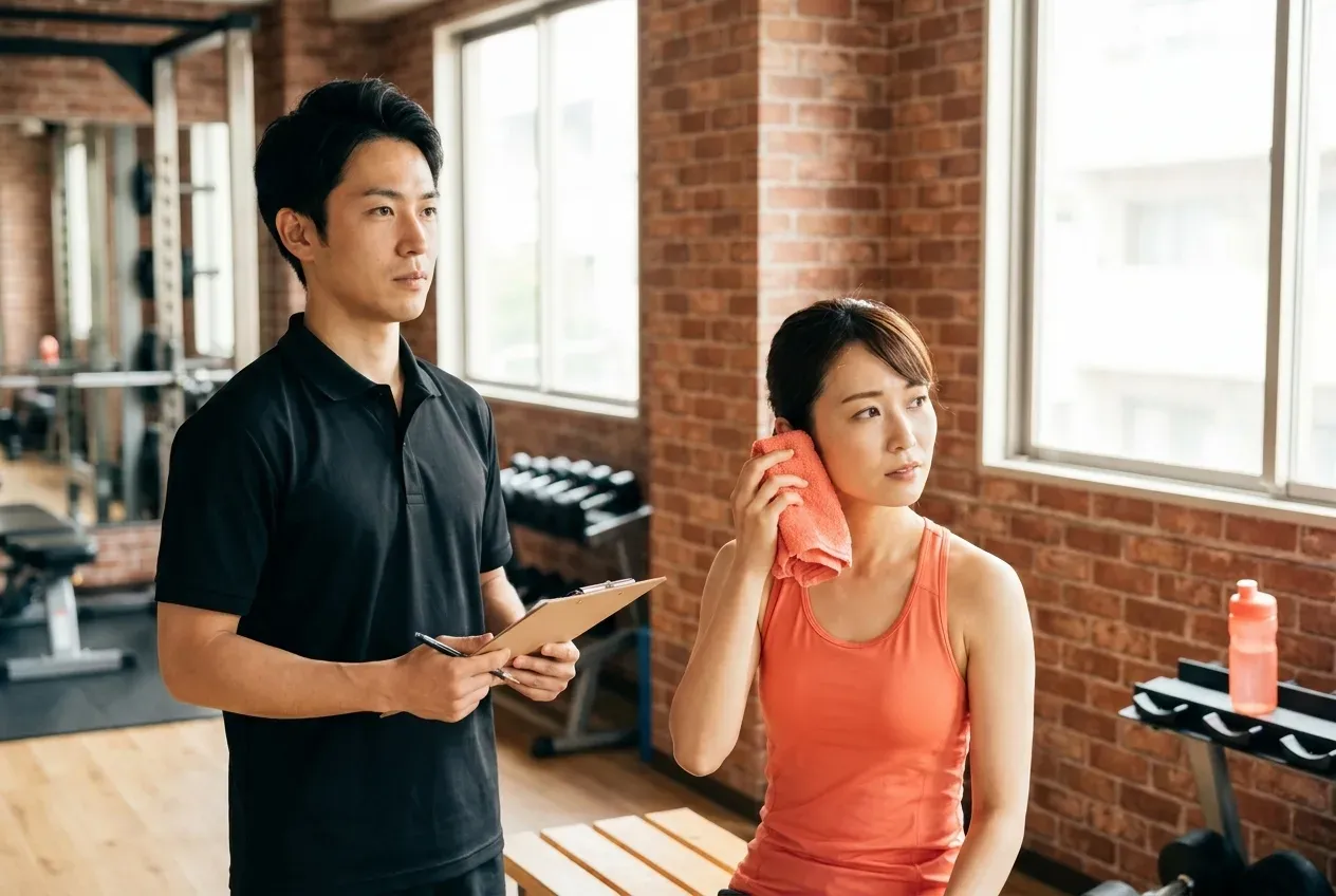 トレーニングの合間に、会話が途切れたトレーナーとお客様