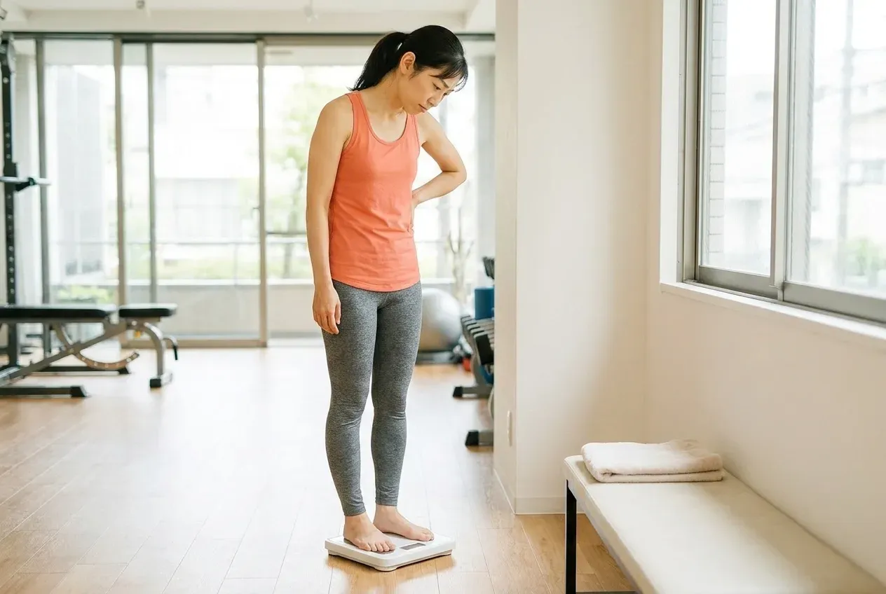 体重計に乗って、首をかしげる女性