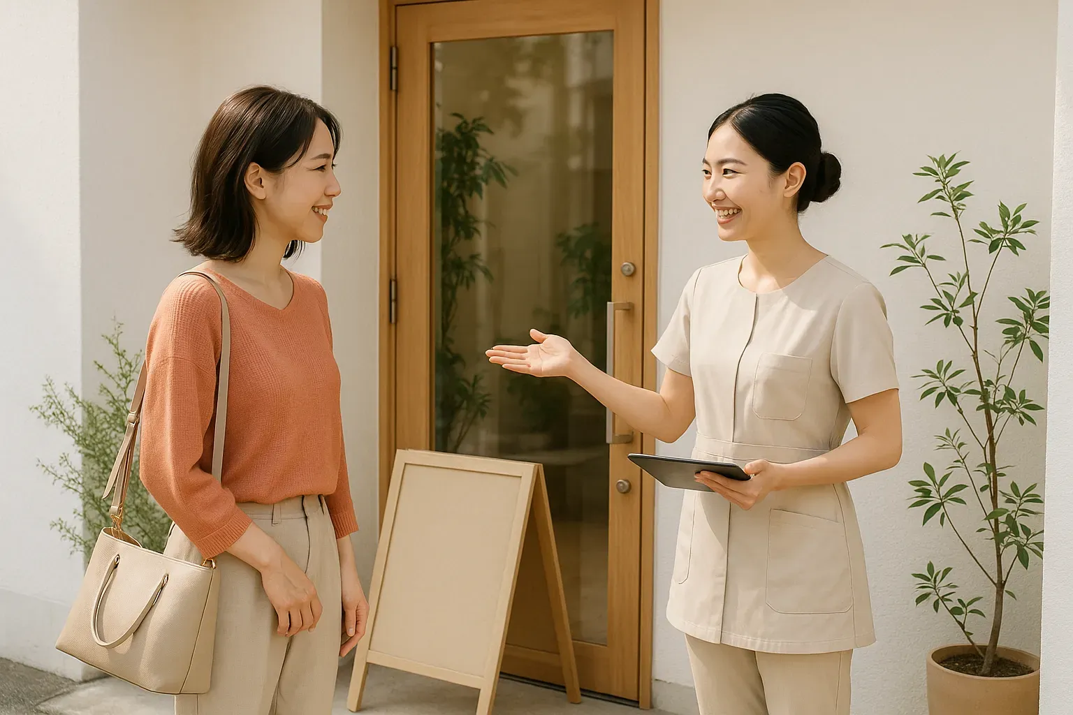 サロンの店頭で、スタッフが通りがかった方に姿勢チェックを案内している