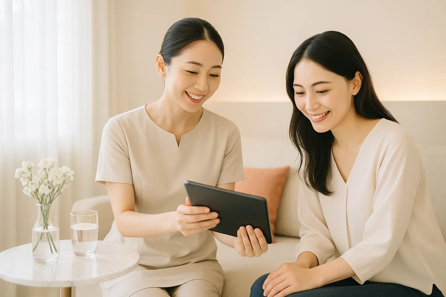 エステサロンのカウンセリングルームで、スタッフがタブレットで分析結果を見せながら、お客様と話している