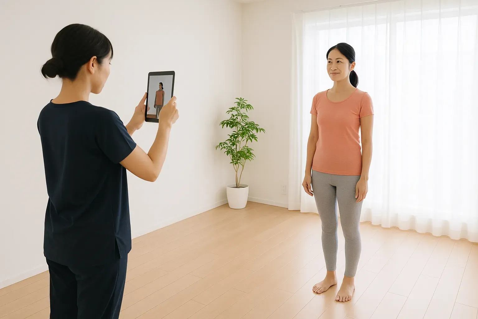 撮影の様子。スタッフがタブレットを手持ちで構え、数歩先に立つお客様の全身を撮っている