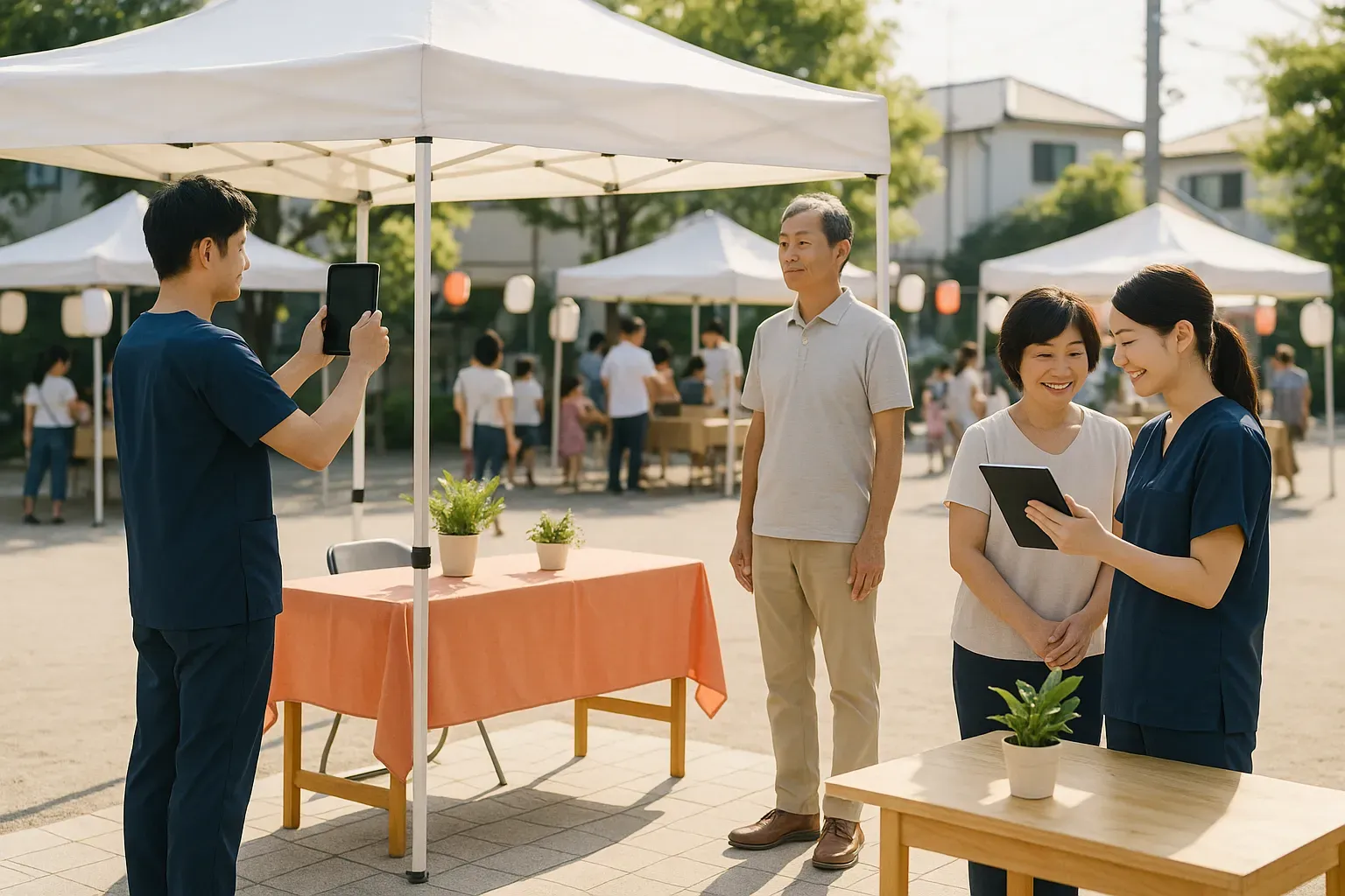 地域のお祭りの健康ブースで、施術者が来場者の姿勢をタブレットで撮り、隣では別の来場者が結果を見て笑顔になっている