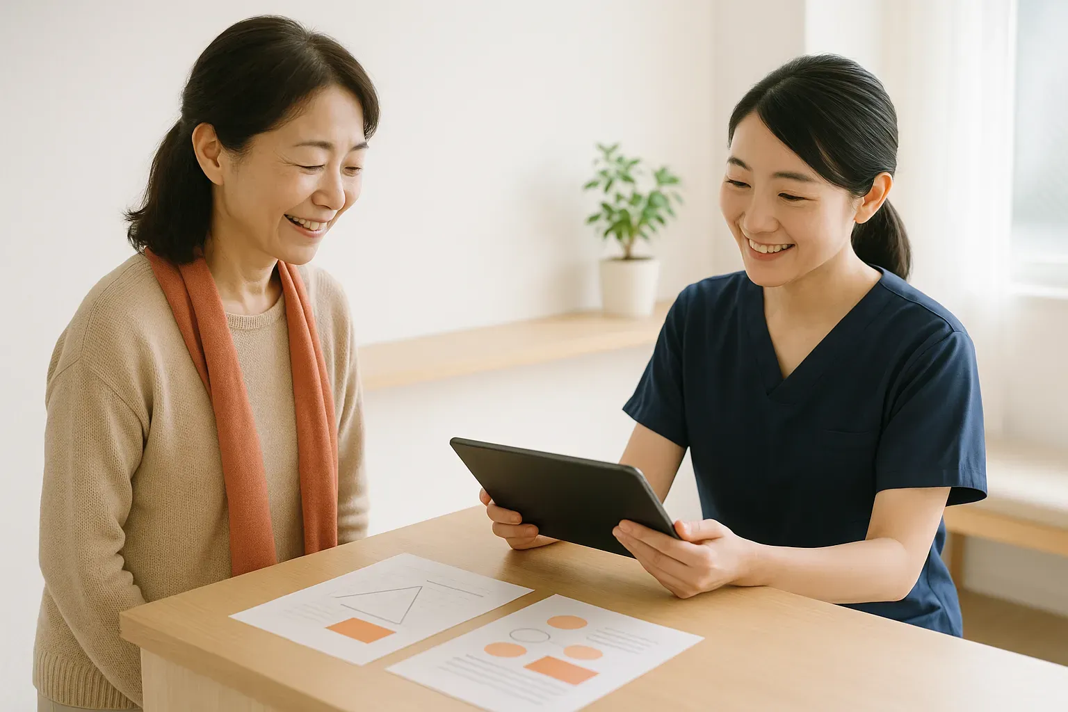 整体院の受付で、次回のご予約をとりながら患者様と結果シートを見ている