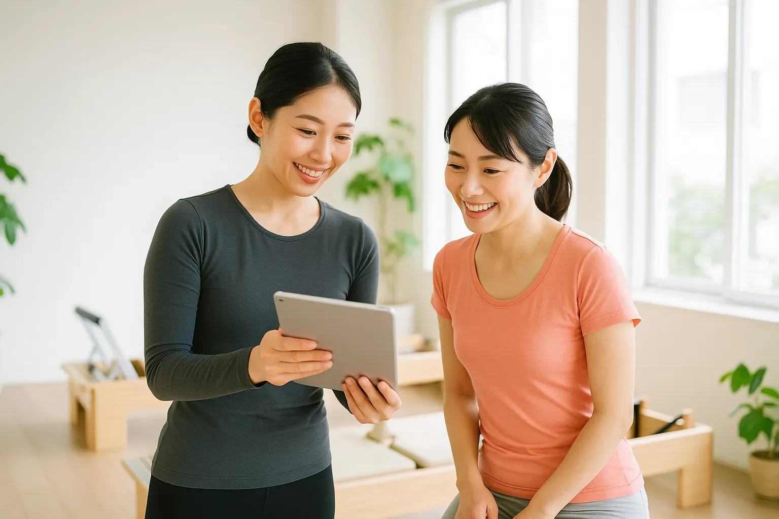 ピラティススタジオで、インストラクターがタブレットで分析結果を見せながら、お客様と話している