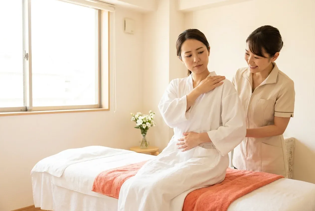 施術のあと、変わったのか分からず肩と腰に手を当てるお客様