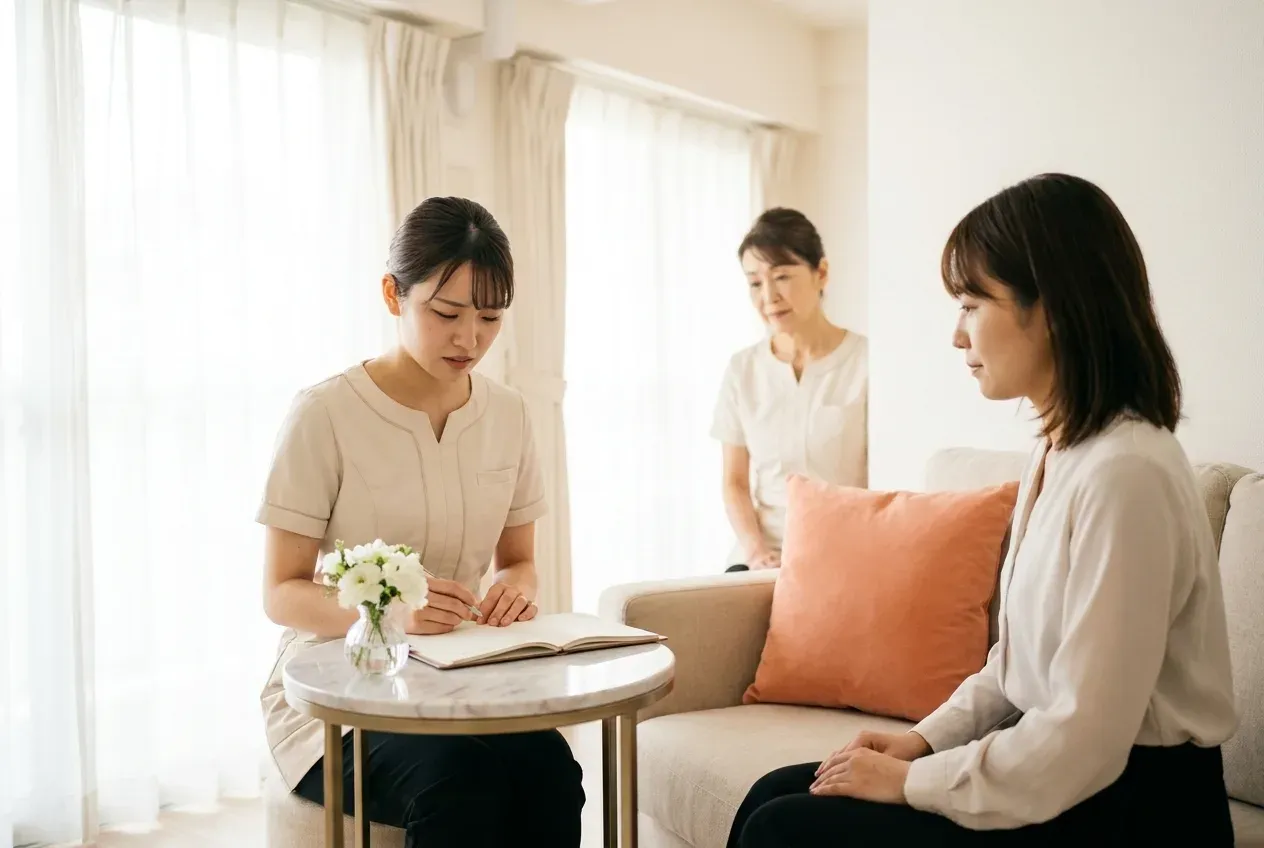 うまく説明できずにノートを見る新人エステティシャン