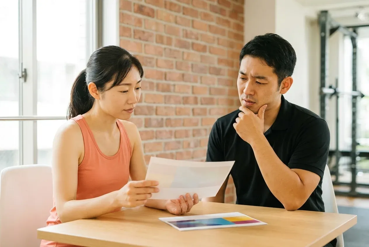 パンフレットを見比べて迷うお客様と、説明に困るトレーナー
