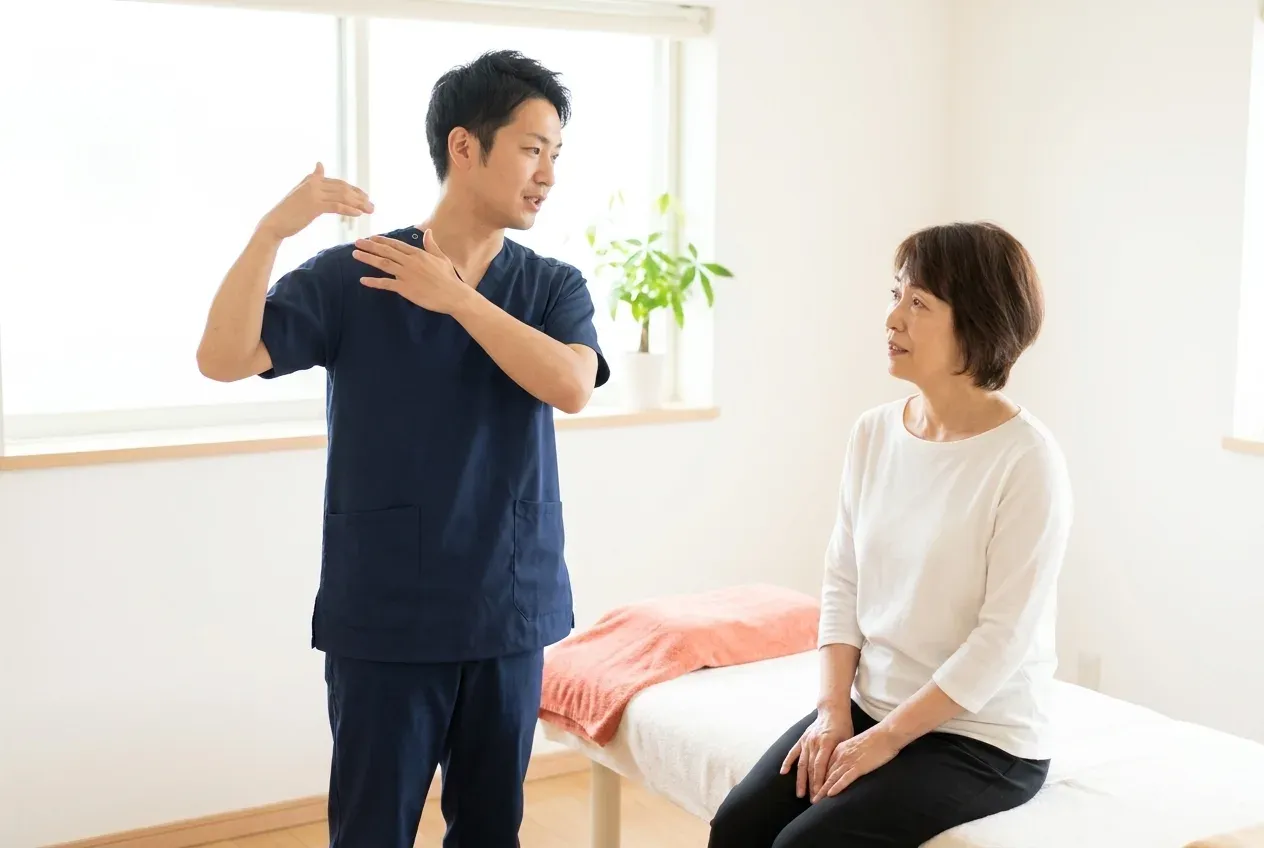 施術のあと、身ぶりだけで説明する施術者と、ぴんと来ていない患者様