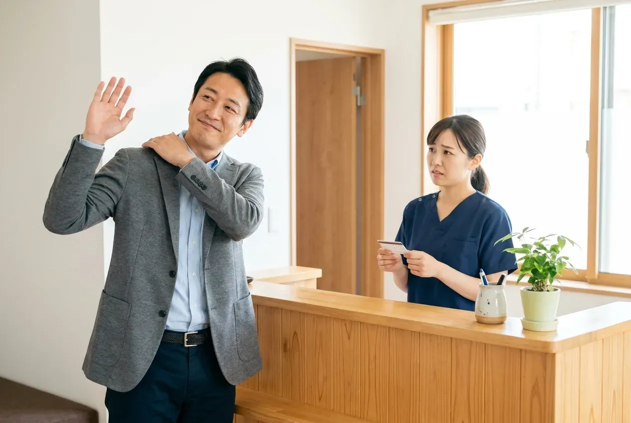 受付で次回の予約を断って帰る患者様と、困った顔の受付スタッフ