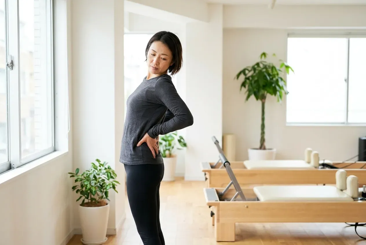 自分の腰に手を当てて、変化があったか首をかしげる女性