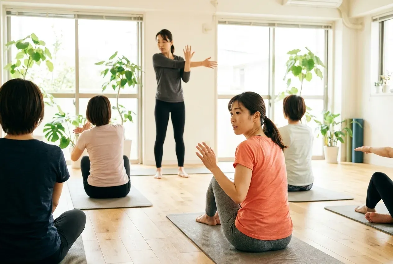 グループレッスンで、質問したそうに手を上げる参加者